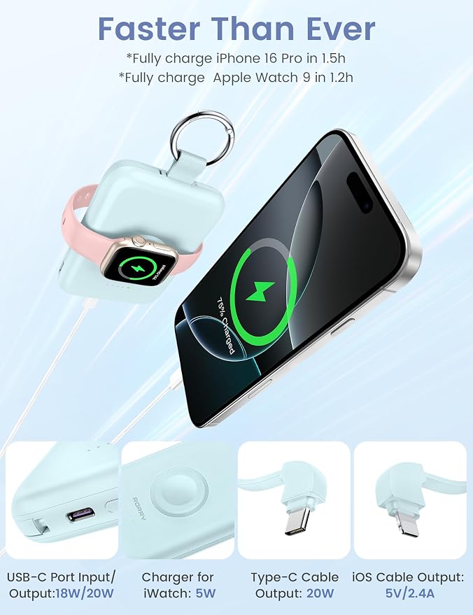 RORRY Portable Charger, 10000mAh PD 20W Fast Charging Portable Charger Power Bank with Built in Cables, Travel Battery Pack for iPhone and Apple Watch Ultra/11/10/9/8/7/6/5, Christmas Red - Image 4