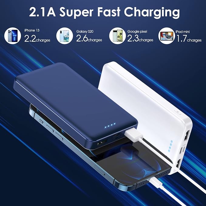[2 Pack] Portable Charger Power Bank 10000mAh,Ultra Slim Compact External Battery Pack with USB C Input & Output Backup Charger Compatible with iPhone 16/15/14/13, Galaxy S24,Android etc-Blue+White - Image 2