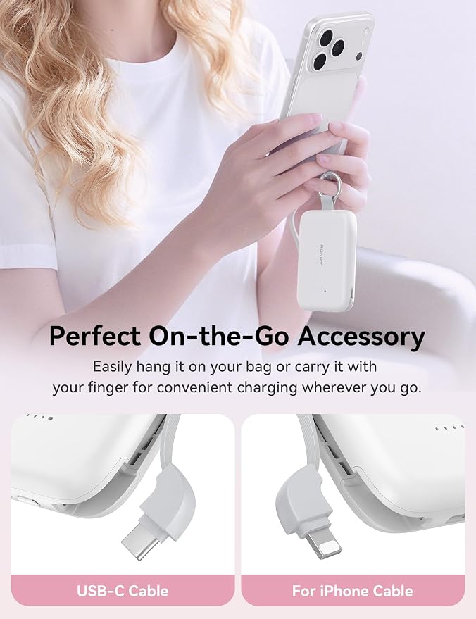 RORRY Portable Charger, 10000mAh PD 30W Fast Charging Portable Charger Power Bank with Built-in Cables, Travel Keychain Charger Battery Pack for iPhone 17/16/15/14/13/12, for AirPods 2/3/4/Pro, White - Image 2