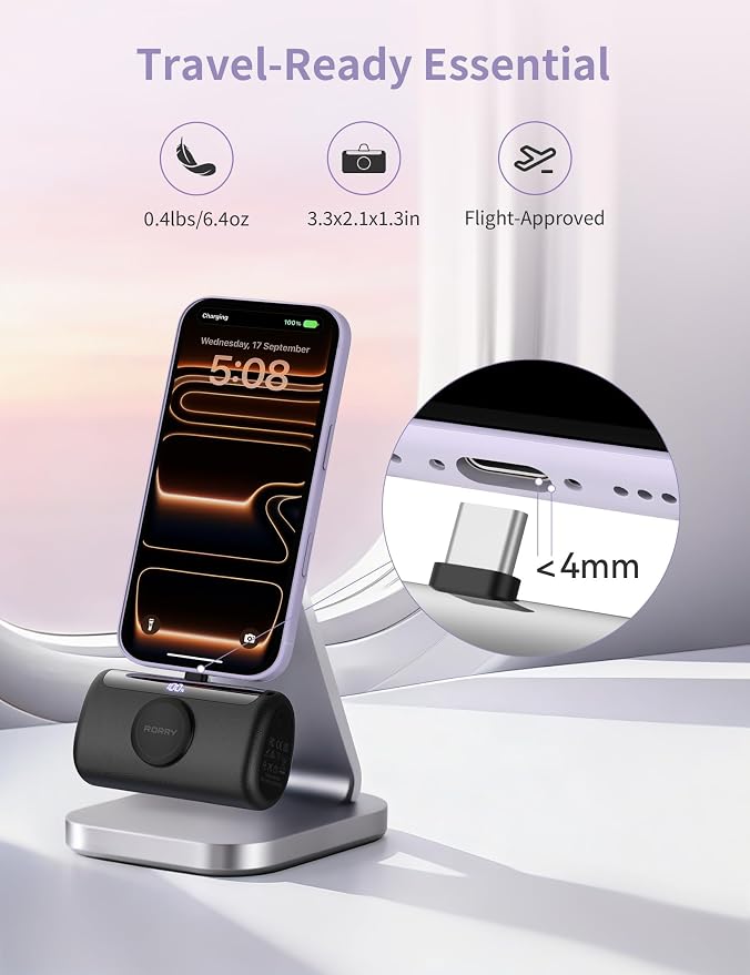 RORRY PalmGo Portable Charger, 10000mAh PD 22.5W Fast Charging Mini Power Bank with Built-in USB C Connector, 3-in-1 Battery Pack for iPhone 17/16/15 Pro/Max, Apple Watch Ultra/11/10/SE, iPad, Black - Image 7