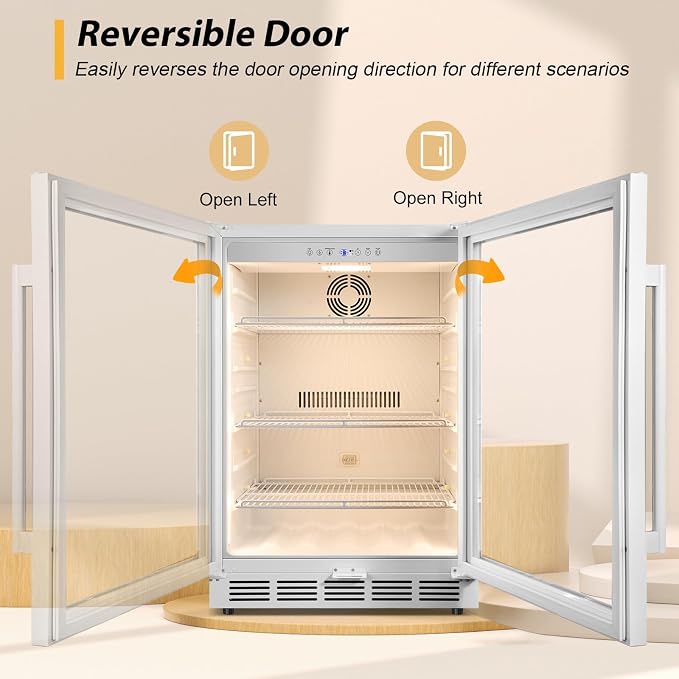 24" Beverage Refrigerator Glass Door Reversible White | Built-in/free, fast cool, <38dB, temp memory, glass+lock, 37-65°F, 190 can - Image 6