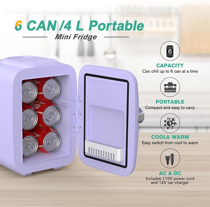 CROWNFUL Mini Fridge, 4 Liter/6 Can Portable Cooler and Warmer Personal Refrigerator for Skin Care, Cosmetics, Beverage, Food,Great for Bedroom, Office, Car, Dorm(Purple) - Image 3
