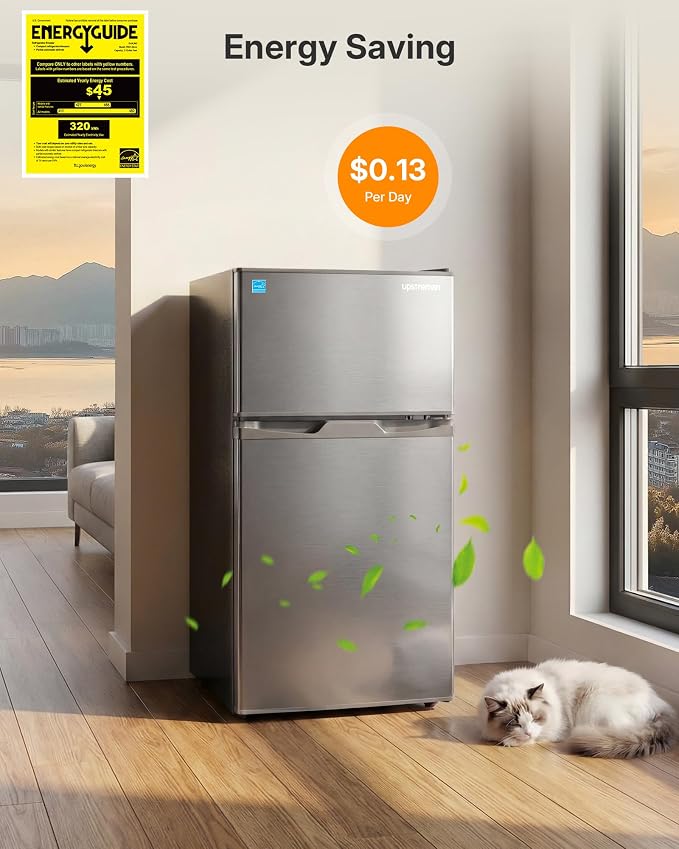 Upstreman 3.1 Cu.Ft Mini Fridge with Freezer, Double Door Small Refrigerator, Adjustable Thermostat, Energy Star Certified Low Noise Mini Refrigerator for Bedroom, Dorm, Apartment Silver-TM31 - Image 5