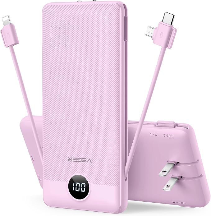 VEGER Portable Charger with Built-in AC Plug and Cables, All in One 10000mAh Ultra Slim Power Bank Travel Essentials, Fast Charging Battery Pack Compatible with iPhone, Samsung, Android (Purple) by VEGER