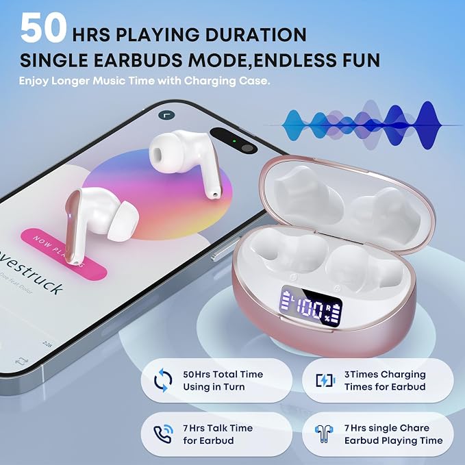 Wireless Earbuds, Bluetooth 5.4 Headphones HiFi Stereo 50H Playback LED Digital Display Ear Buds with ENC Noise Canceling Headset, IPX7 Waterproof Earphones for Gym/Running/Work(Rose Gold) - Image 3