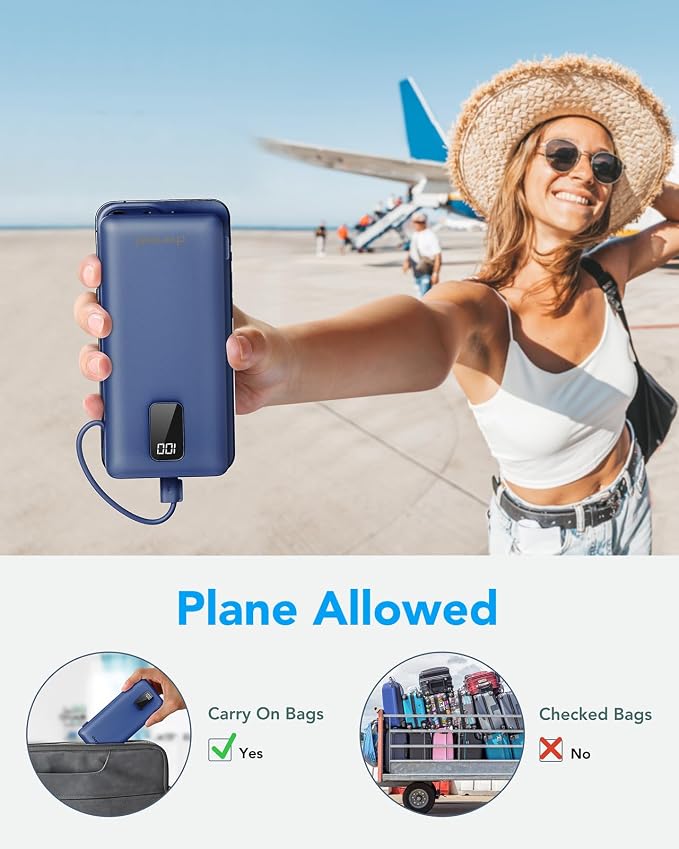 charmast Portable Charger with Built-in Cables and Plug, 10000mAh USB C Power Bank Fast Charging, External Battery Pack Slim, Travel Essentials Compatible with iPhones, Samsung Galaxy, iPad - Image 8