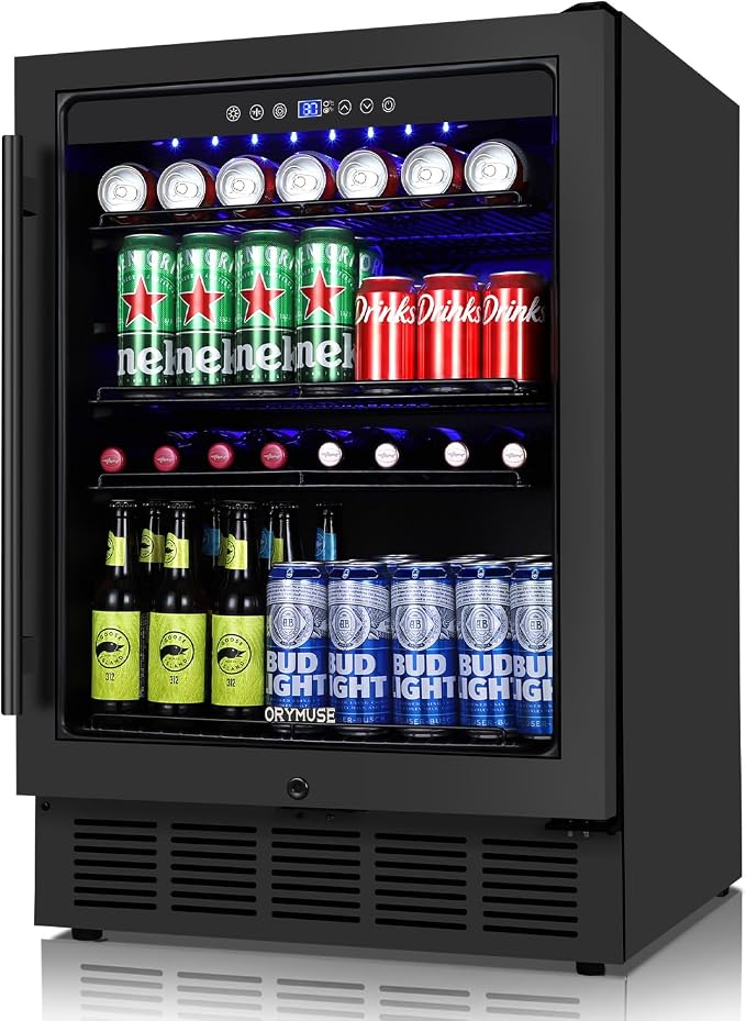 Beverage Refrigerator 24 Inch, 180 Can Drink Fridge with Glass Door, Under Counter or Freestanding Beverage Cooler for Soda, Beer, Wine – Quiet Cooling for Kitchen, Bar, Office, Black by ORYMUSE