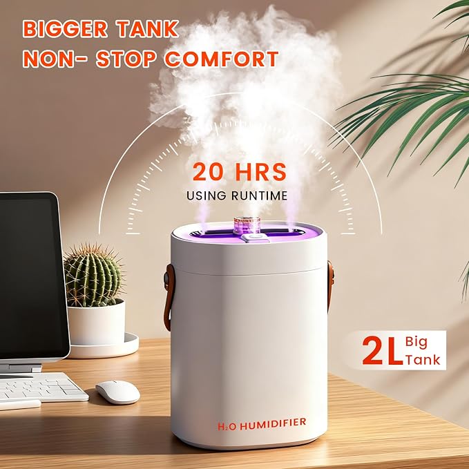 2L Humidifier for Bedroom,Portable Cool Mist Humidifiers,Ultra Quiet 20dB,Top Fill Air Humidifier for Home,Office,Plants，Adjustable Humidity,Night Light,BPA-Free,Khaki - Image 3