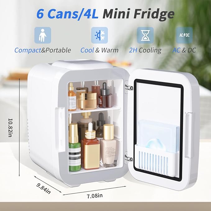 OSTBA Skincare Fridge Mini Fridge for Bedroom with Dimmable LED Mirror, 4Liter/6 Cans Cooler and Warmer for Makeup, Cosmetic, Beauty, Portable Refrigerator for Bedroom, Vanity, Office and Car - Image 6