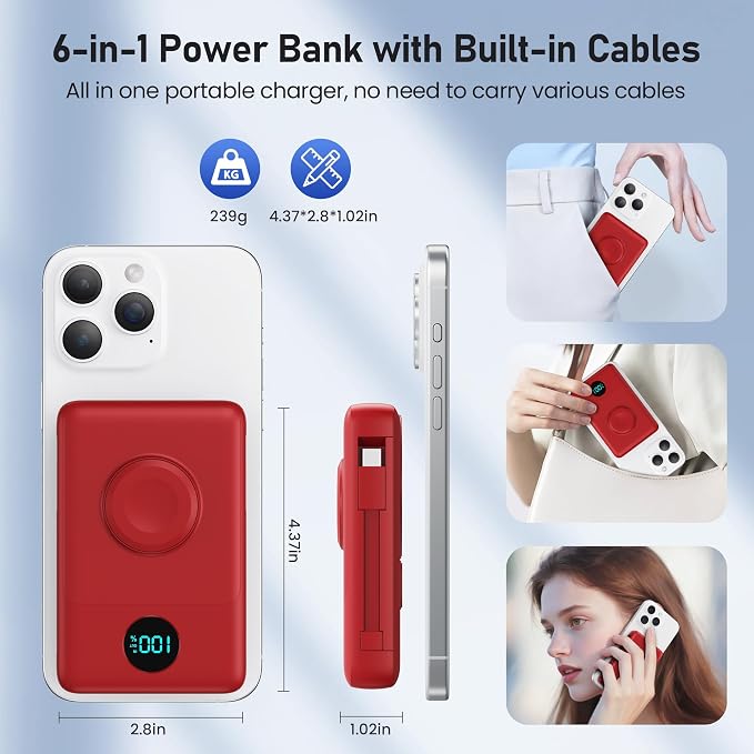 Magnetic Portable Charger for MagSafe with Built-in Cable,iWatch Charger,10800mAh Wireless Power Bank Travel Essentials,25W PD Fast Charging Battery Pack for iPhone 17/16/15/14/13/12,Apple Watch-Red - Image 9
