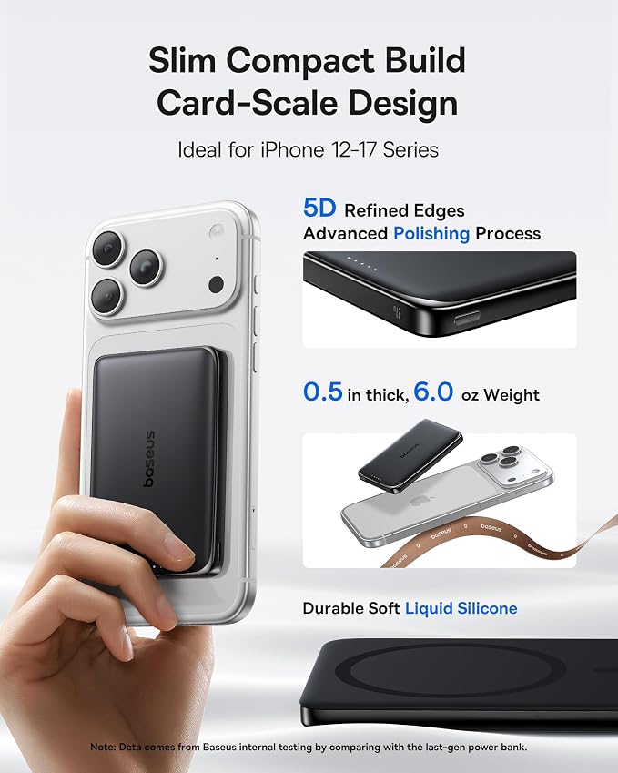 Baseus Picogo Power Bank, 0.5" Ultra Slim 10000mAh MagSafe Portable Charger, 27W Fast Charging Magnetic Battery Pack, Upgraded Polished Alloy Wireless Charger for iPhone 17 Pro Max/Air/16/15/14/13/12 - Image 2