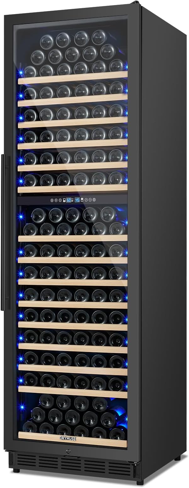 200 Bottle Dual Zone Wine Fridge – 24 Inch Large Capacity Wine Cooler Refrigerator Freestanding/Built-In with Upgraded Compressor, Low-Noise Wine Cellar & Intelligent Temperature Control - Black by ORYMUSE