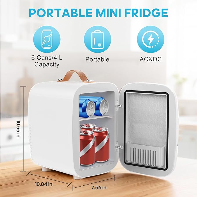 DUMOS Mini Fridge for Bedroom, 4L Compact Personal Fridge Cooler For Skincare, Drinks, And Snacks, Fits 6 Cans, Mini Refrigerator with 110V Ac/12V Dc, Ideal For Car, Dorm, White - Image 3
