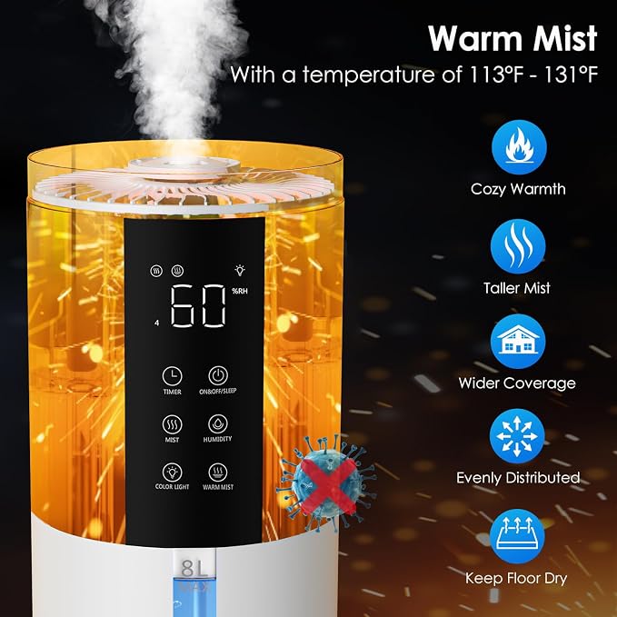 Humidifiers for Bedroom - GloryAir 2.11Gal (8L) Quiet Top Fill Cool & Warm Mist Humidifier Large Room 650 ft² with Humidistat, diffuser, Auto Mode, 7-Color Light for Plants, Baby,Adults, Office & Home - Image 2