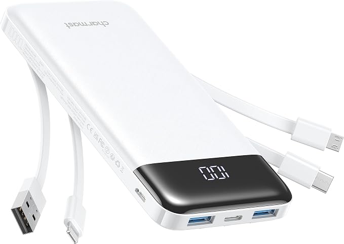 Charmast Portable Charger with Built in Cables, Power Bank with Cords Wires, Slim 10000mAh Travel Battery Pack 6 Outputs 3 Inputs 3A Fast Charging for Samsung Google Pixel LG Moto iPhone iPad by Charmast