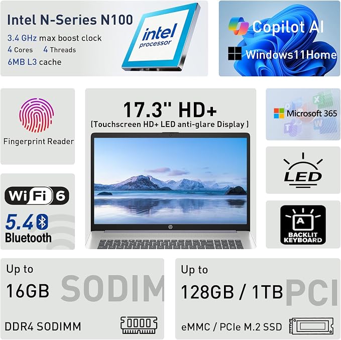HP 17.3” Touchscreen Laptop w/Microsoft 365, 16GB RAM, 512GB SSD+128GB UFS | Webcam w/ shutter, Fingerprint Reader, Backlit Keyboard, Microsoft Copilot Key, Intel Quad-Core CPU, Win11, Blue - Image 2