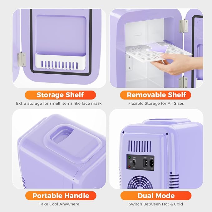OSTBA Mini Fridge, 4 Liter/6 Can Mini Makeup Fridge, 110V AC/ 12V DC Portable Thermoelectric Cooler&Warmer for Skincare, Drink, Cosmetic, Medicine, Small fridge for Bedroom, Office, Dorm, Car, Purple - Image 4