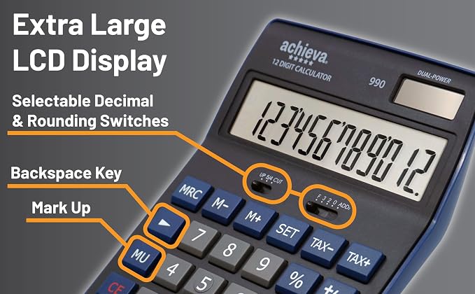 Achieva 12-Digit LCD Display Desktop Calculator | Blue | Mark Up Key, - Image 5