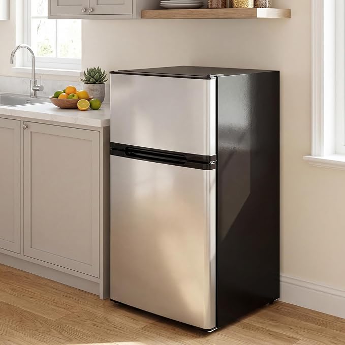 3.2 Cu.Ft Mini Fridge with Freezer, Quiet Small Refrigerator | Double Door, Adjustable Thermostat and Removable Glass Shelves, For Office, Bedroom, Dorm and Apartment - Image 9