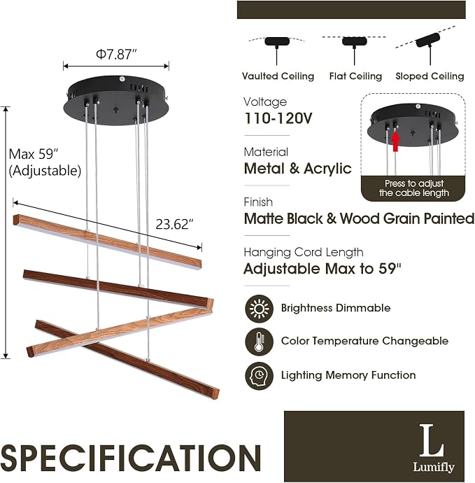 LED Linear Pendant Light for Dining Room Wood Grain Finish 4 Light LED - Image 6