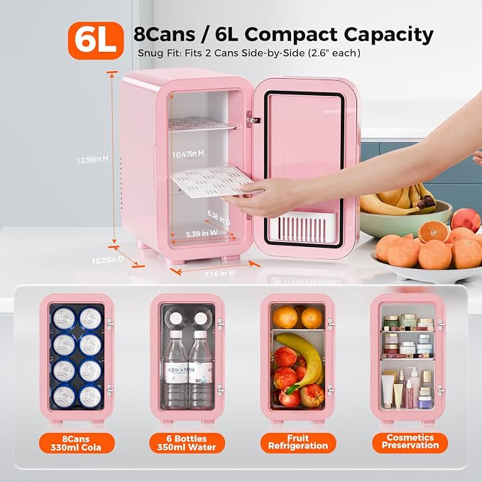 OSTBA Mini Fridge for Skincare, 6 Liter/8 Can 110V AC/ 12V DC Portable Thermoelectric Cooler Refrigerators for Bedroom, Skincare, Beverage, Office, Dorm Room and Car, Pink - Image 4