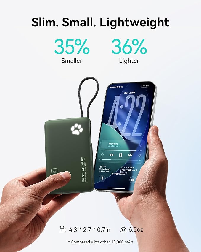 INIU 45W Power Bank, Fast Charging Portable Charger with Built-in USB C Cable, 10000mAh Small Type C Powerbank, Battery Pack for iPhone 17 16 15 14, iPad, Samsung S25 S24 etc Travel Camping, Green - Image 3