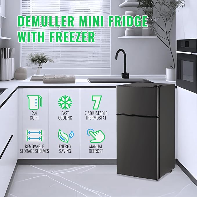 45L Mini Fridge with Top Freezer Small Refrigerator with Two Door & 7 Temperature Settings & 2 Remoable Shelves Ideal for Kitchen Office Apt Dark Gray - Image 4