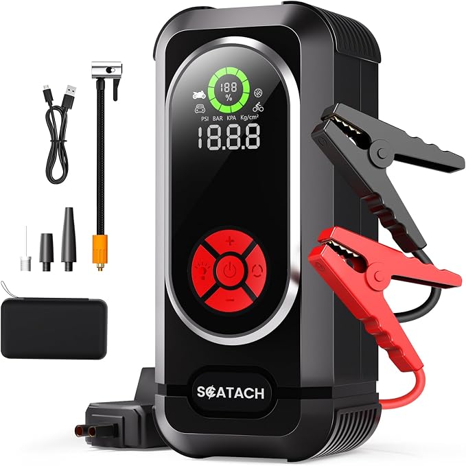 6000A Jump Starter with Air Compressor, Car Battery Jump Starter Portable (10.0 Gas/10.0L Diesel), 150 PSI 12V Car Battery Jump Box with Tire Inflator, Jumper Cables, LED Light, LED Display by Scatach