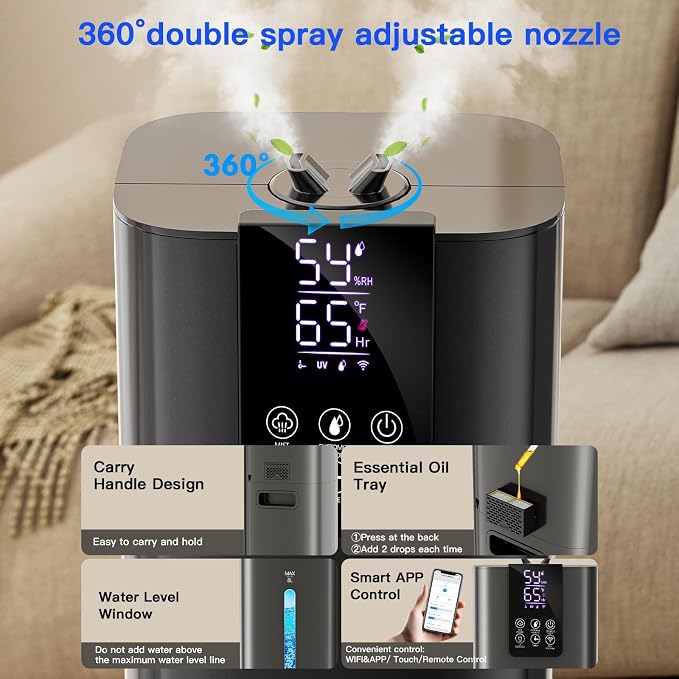 Smart Humidifiers Large Room Bedroom Home, 2.11Gal(8L) Quiet Top Fill Cool Mist Humidifier, Smart App & Remote Control, 3 Speed Humidifier with 360° Nozzle, Humidity Setting for Baby Office(Gray) - Image 6