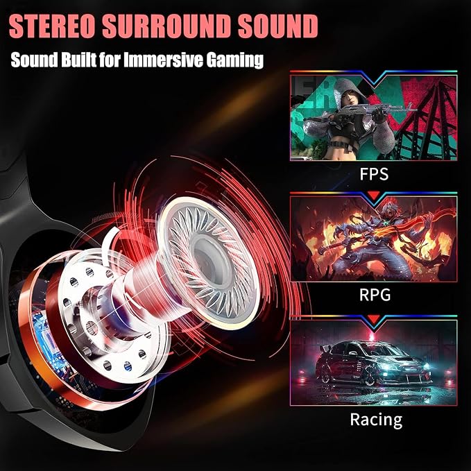 Ozeino Gaming Headset for PC, Ps4, Ps5, Xbox Headset with 7.1 Surround Sound, Gaming Headphones with Noise Cancelling Mic RGB Light Over Ear Headphones for Xbox Series X/S, Switch -Red - Image 2