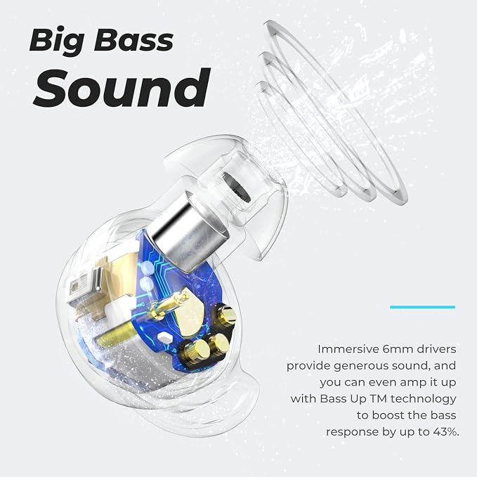 Tribit FlyBuds 3 Wireless Earbuds, 110H Playtime Bluetooth Headphones | IPX8 Waterproof, BT5.3, Deep Bass Sound Earphones, Custom EQ, Charging Case, Light Weight in-Ear Buds, Built-in Mic, White - Image 5