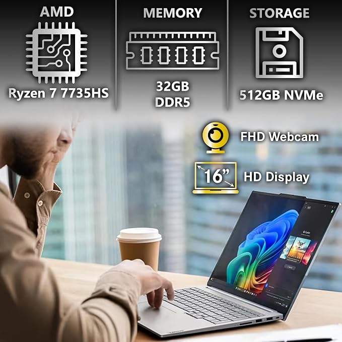 Lenovo ThinkBook 16 G7 Business Laptop, 16” FHD+, AMD Ryzen 7 7735HS, 32GB DDR5, 512GB NVMe, WiFi 6E + BT, Backlit KB, Fingerprint Reader, HD Webcam, Win 11 Pro - Image 3