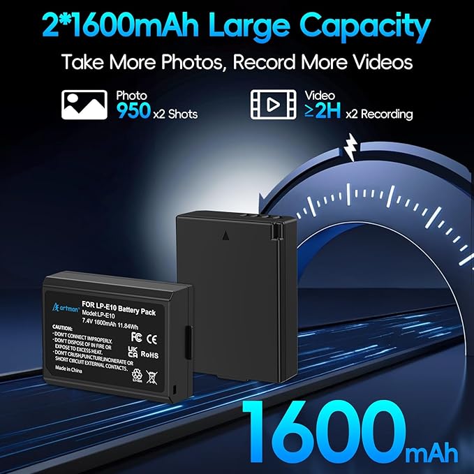 Artman LP-E10 Battery 2-Pack 1600mAh and Rapid Dual LP E10 Battery Charger - Image 3