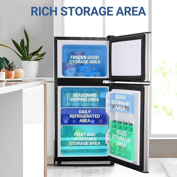 Apartment Size Refrigerator, 4.0 Cu.Ft Compact Fridge with Freezer Silver | Suitable for Apartment, Office, Kitchen, Dorm, Small Refrigerator with 7 Temperature Modes, Double Door - Image 5