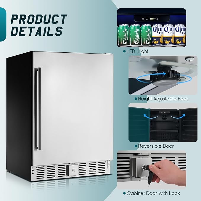 Albott 24 Inch Outdoor Beverage Fridge, 5.0 Cu.Ft Beverage Refrigerator | Holds 166 Cans, 32-50°F Drink Cooler with IPX4 Waterproof Design, Auto-Defrost, Built-In or Freestanding for Patio & Backyard - Image 6