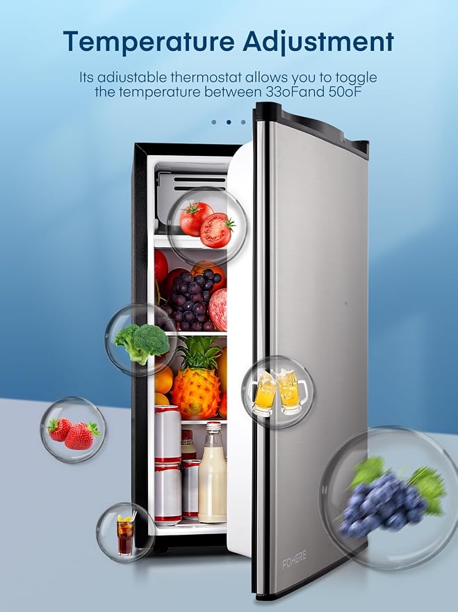FOHERE 3.2 Cu. Ft Small Refrigerator with Freezer, Compact Mini Fridge with 7 Level Temperature Control, Removable Glass Shelves for Bedroom, Office, Dorm, Stainless Steel, BC-90U-E - Image 7