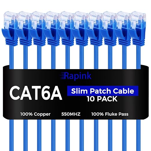 Rapink Patch Cables Cat6a 20ft Slim, Cat6a Ethernet Patch Cable 10G Support by Rapink