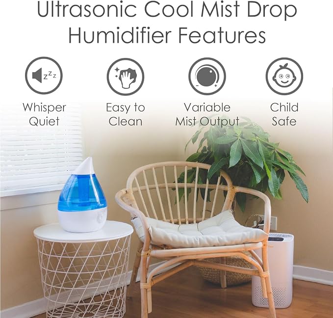 Crane Ultrasonic Cool Mist Teardrop Humidifier for Baby Nursery, Bedroom, Office, Large Room, Adjustable Humidity, Auto Shut-Off, Easy Clean Blue & White 1 Gallon - Image 2