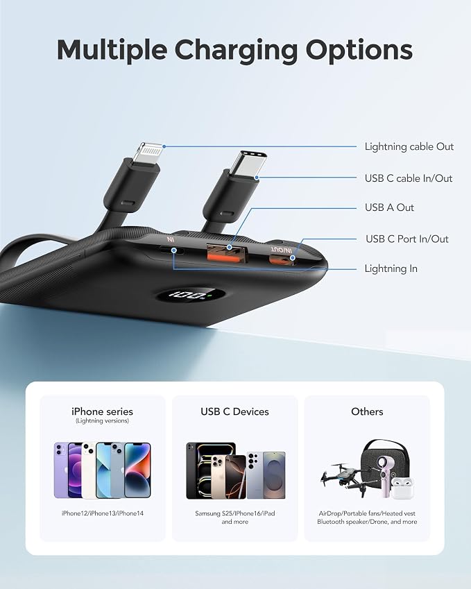 WeeFancy Mini Portable Charger with Built-in Cables 22.5W Fast Charging Power Bank USB-C Small Battery Pack 10000mAh Travel Essential Slim Battery for iPhone 17/16/15/14, Samsung 25/24, and More - Image 6