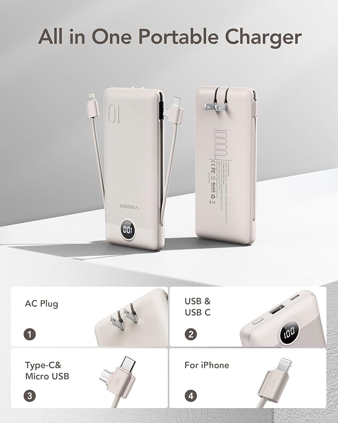 VEGER Portable Charger with Built-in AC Plug and Cables, All in One 10000mAh Ultra Slim Power Bank Travel Essentials, Fast Charging Battery Pack Compatible with iPhone, Samsung, Android (Coffee) - Image 2