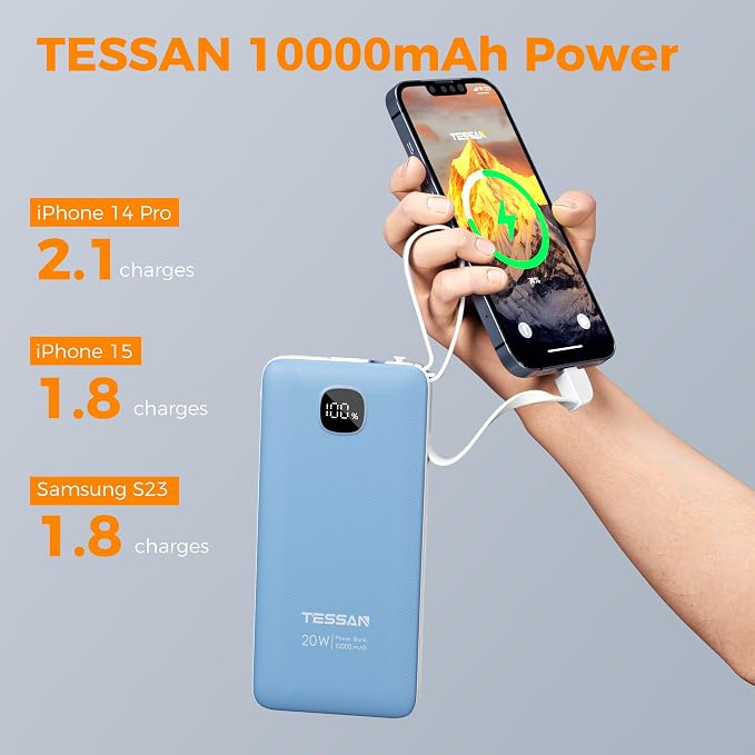 TESSAN Portable Charger with Built in Cables, 10000mAh Power Bank Fast Charging with Foldable AC Plug, PD20W Compact Battery Pack Travel Essentials for iPhone 17/16 Series, Samsung, Tablets, Blue - Image 6