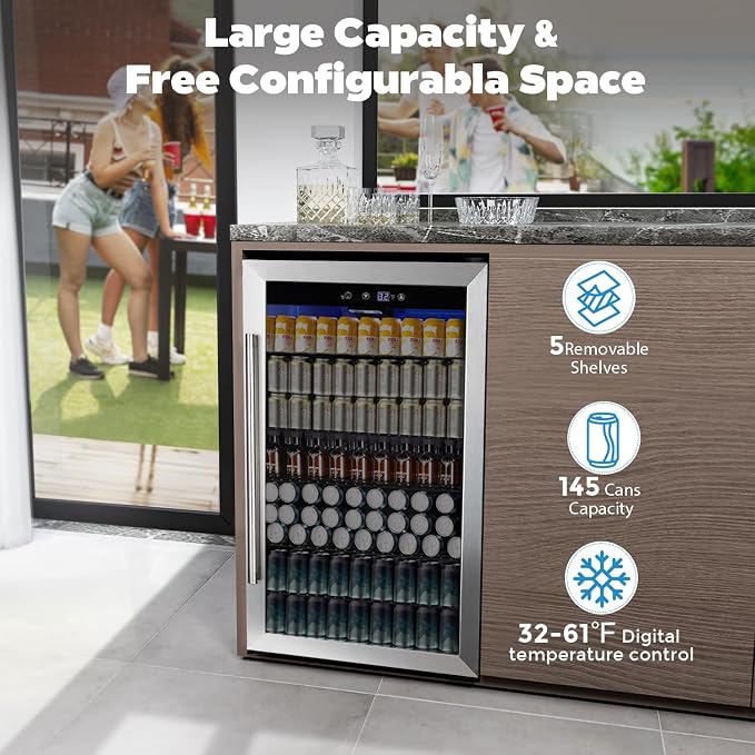 COWSAR 4.5 Cu.Ft Wine Fridge 37 Bottle, ETL Approved Freestanding Wine Cooler 145 Can Beverage Refrigerator with Stainless Steel Reversible Glass Door, Drink Fridge for Home Bar, Kitchen, Game Room - Image 2
