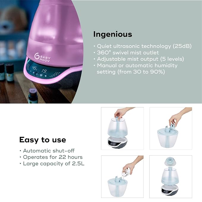Babymoov Hygro Plus Cool Mist Humidifier 3-in-1 Humidity Control, Multicolored Night Light & Essential Oil Diffuser Easy Use and Care (NO Filter Needed) - Image 4