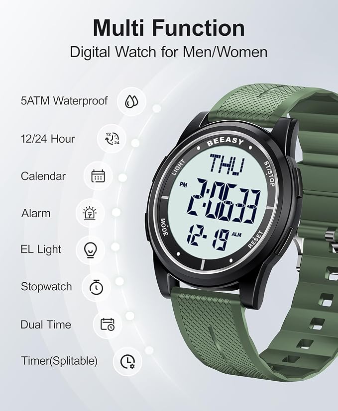 Beeasy Digital Watch for Men Women, 50M Waterproof, Ultra-Thin & Lightweight - Image 3