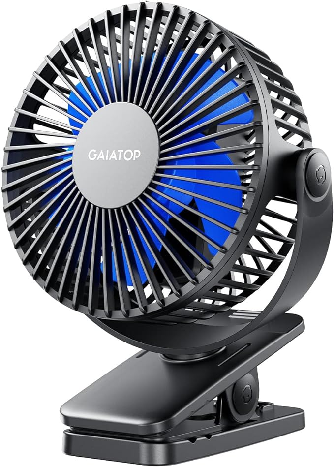Gaiatop Portable Clip on Fan Battery Operated, Small Powerful 3 Speed Quiet 360° Rotate, USB Rechargeable Mini Personal Cooling Fan for Desk Table Home Office Stroller Camping Women Gifts Black Blue by GAIATOP