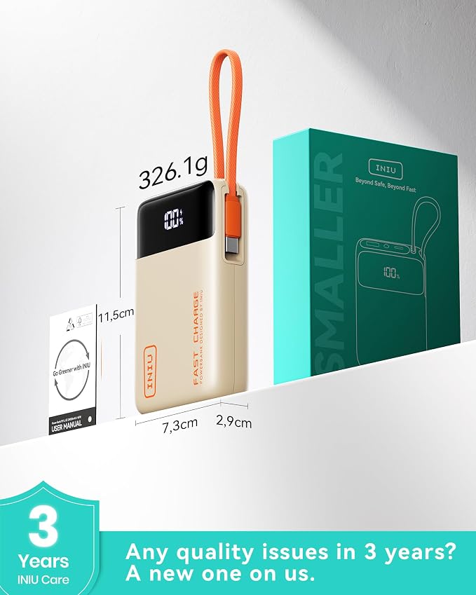 INIU 20000mAh Power Bank, Small Portable Charger, 45W PD Fast Charging Battery Pack with Build in USB-C Cable, Travel Phone Charger for iPhone 17 16 15 14 Air Samsung S25 S24 Google iPad Xiaomi, Beige - Image 8