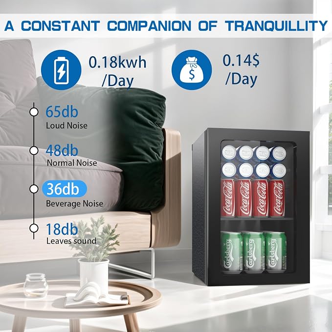 Erivess Compact Freestanding Beverage Refrigerator Cooler, 26 Can/0.95Cu Ft | Adjustable Shelves Mini Fridge with Acrylic Front Door for Soda, Beer, Wine, Under Counter Small Refrigerator for Home/Office - Image 3