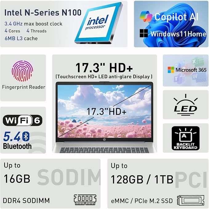 HP 17.3" Touchscreen Laptop w/Microsoft 365, 16GB RAM, 512GB SSD+128GB UFS, Webcam w/Shutter, Fingerprint Reader, Backlit Keyboard, Microsoft Copilot Key, Intel Quad-Core CPU, Win11, Lavender - Image 2