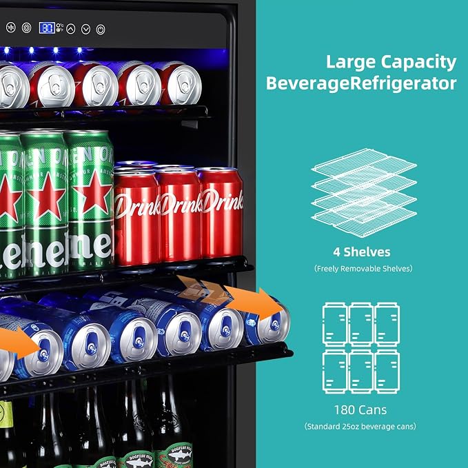 Beverage Refrigerator 24 Inch, 180 Can Drink Fridge with Glass Door, Under Counter or Freestanding Beverage Cooler for Soda, Beer, Wine – Quiet Cooling for Kitchen, Bar, Office, Black - Image 2