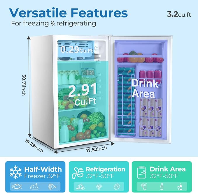 Electactic 3.2 Cu.ft Mini Fridge with Freezer, Compact Refrigerator with Reversible Single Door, Adjustable Thermostat, Low Noise, Energy Efficient for Office, Dorm, Bedroom, Apartment (WHITE) - Image 3